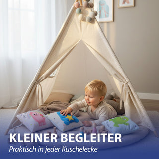 Mini Kissen Mutmacher 4er Set 12x12cm Baumwolle 40g Polyesterfüllung Reißverschluss Kuschelkissen einseitig bedruckt 4 Designs