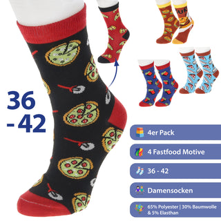 Damensocken Fastfood 4er Pack onesize 36-42 bunt Polyester Baumwolle Elasthan Strümpfe Motivsocken Socken Hamburger Cheesburger