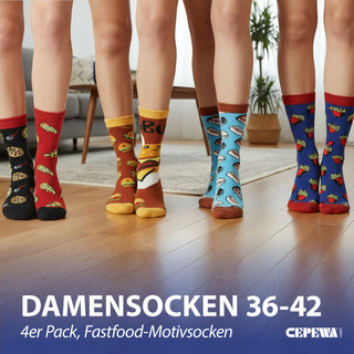 Damensocken Fastfood 4er Pack onesize 36-42 bunt Polyester Baumwolle Elasthan Strümpfe Motivsocken Socken Hamburger Cheesburger
