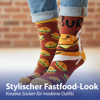 Damensocken Fastfood 4er Pack onesize 36-42 bunt Polyester Baumwolle Elasthan Strümpfe Motivsocken Socken Hamburger Cheesburger