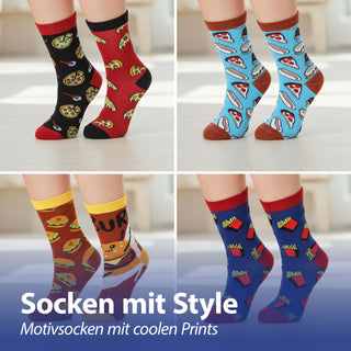 Damensocken Fastfood 4er Pack onesize 36-42 bunt Polyester Baumwolle Elasthan Strümpfe Motivsocken Socken Hamburger Cheesburger