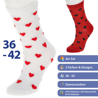Damensocken Herz 4er Pack onesize 36-42 rot weiß Polyester Baumwolle Elasthan Strümpfe Motivsocken Socken bedruckt mit Herzen