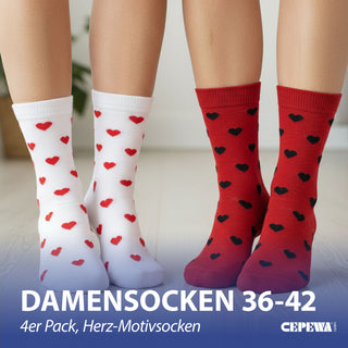 Damensocken Herz 4er Pack onesize 36-42 rot weiß Polyester Baumwolle Elasthan Strümpfe Motivsocken Socken bedruckt mit Herzen