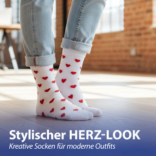 Damensocken Herz 4er Pack onesize 36-42 rot weiß Polyester Baumwolle Elasthan Strümpfe Motivsocken Socken bedruckt mit Herzen