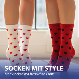 Damensocken Herz 4er Pack onesize 36-42 rot weiß Polyester Baumwolle Elasthan Strümpfe Motivsocken Socken bedruckt mit Herzen