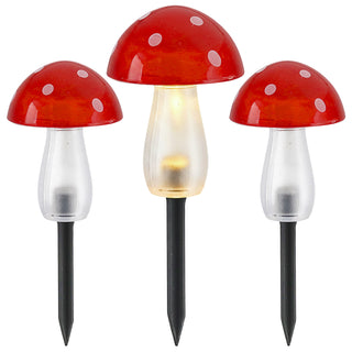 Solar LED Gartenstecker Pilz 3er Set Kunststoff rot 8x11cm 5 LEDs warmweiß Akku IP44 On/off Schalter Erdspieß Solarleuchte