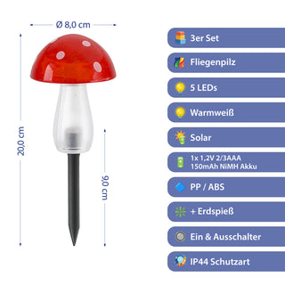 Solar LED Gartenstecker Pilz 3er Set Kunststoff rot 8x11cm 5 LEDs warmweiß Akku IP44 On/off Schalter Erdspieß Solarleuchte