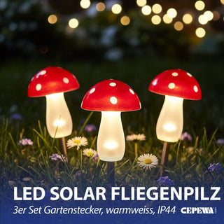 Solar LED Gartenstecker Pilz 3er Set Kunststoff rot 8x11cm 5 LEDs warmweiß Akku IP44 On/off Schalter Erdspieß Solarleuchte