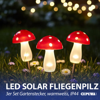 Solar LED Gartenstecker Pilz 3er Set Kunststoff rot 8x11cm 5 LEDs warmweiß Akku IP44 On/off Schalter Erdspieß Solarleuchte