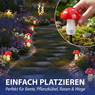 Solar LED Gartenstecker Pilz 3er Set Kunststoff rot 8x11cm 5 LEDs warmweiß Akku IP44 On/off Schalter Erdspieß Solarleuchte