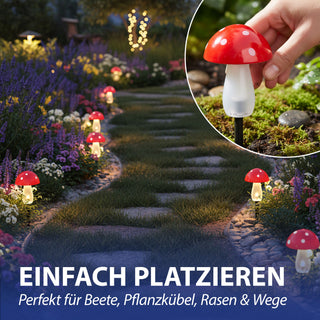 Solar LED Gartenstecker Pilz 3er Set Kunststoff rot 8x11cm 5 LEDs warmweiß Akku IP44 On/off Schalter Erdspieß Solarleuchte