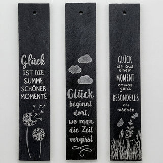 Schiefertafel 'Glück' zum Aufhängen 3er Set 6x30x0,5cm Schiefer gelasert 3 Motive Sprüche über Glück Motivtafeln Wanddeko