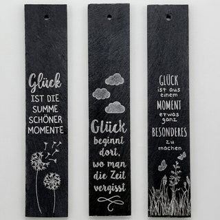 Schiefertafel 'Glück' zum Aufhängen 3er Set 6x30x0,5cm Schiefer gelasert 3 Motive Sprüche über Glück Motivtafeln Wanddeko