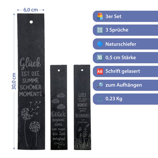 Schiefertafel 'Glück' zum Aufhängen 3er Set 6x30x0,5cm Schiefer gelasert 3 Motive Sprüche über Glück Motivtafeln Wanddeko