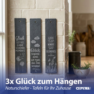 Schiefertafel 'Glück' zum Aufhängen 3er Set 6x30x0,5cm Schiefer gelasert 3 Motive Sprüche über Glück Motivtafeln Wanddeko