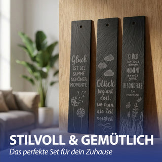 Schiefertafel 'Glück' zum Aufhängen 3er Set 6x30x0,5cm Schiefer gelasert 3 Motive Sprüche über Glück Motivtafeln Wanddeko