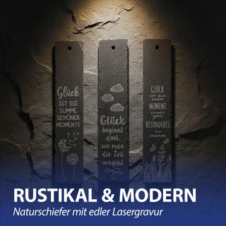 Schiefertafel 'Glück' zum Aufhängen 3er Set 6x30x0,5cm Schiefer gelasert 3 Motive Sprüche über Glück Motivtafeln Wanddeko