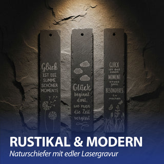 Schiefertafel 'Glück' zum Aufhängen 3er Set 6x30x0,5cm Schiefer gelasert 3 Motive Sprüche über Glück Motivtafeln Wanddeko