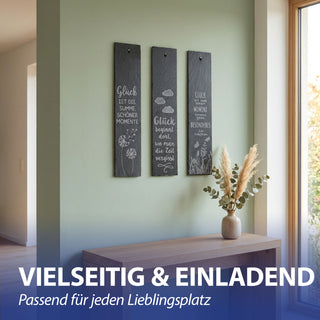 Schiefertafel 'Glück' zum Aufhängen 3er Set 6x30x0,5cm Schiefer gelasert 3 Motive Sprüche über Glück Motivtafeln Wanddeko