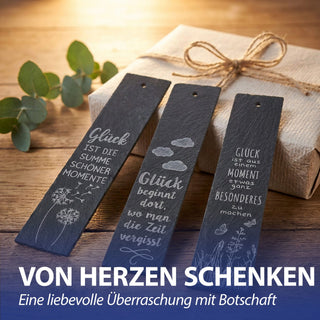 Schiefertafel 'Glück' zum Aufhängen 3er Set 6x30x0,5cm Schiefer gelasert 3 Motive Sprüche über Glück Motivtafeln Wanddeko