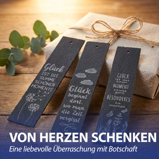 Schiefertafel 'Glück' zum Aufhängen 3er Set 6x30x0,5cm Schiefer gelasert 3 Motive Sprüche über Glück Motivtafeln Wanddeko