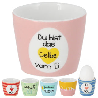 Eierbecher 6er Set 6 Motive Steingut bunt 5x4cm mehrfarbig Becher für Eier Gute Laune Sprüche Eierhalter Frühstück Geschenkidee