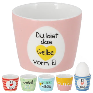 Eierbecher 6er Set 6 Motive Steingut bunt 5x4cm mehrfarbig Becher für Eier Gute Laune Sprüche Eierhalter Frühstück Geschenkidee
