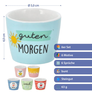 Eierbecher 6er Set 6 Motive Steingut bunt 5x4cm mehrfarbig Becher für Eier Gute Laune Sprüche Eierhalter Frühstück Geschenkidee