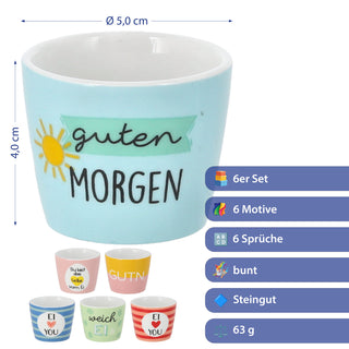 Eierbecher 6er Set 6 Motive Steingut bunt 5x4cm mehrfarbig Becher für Eier Gute Laune Sprüche Eierhalter Frühstück Geschenkidee