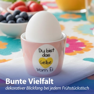Eierbecher 6er Set 6 Motive Steingut bunt 5x4cm mehrfarbig Becher für Eier Gute Laune Sprüche Eierhalter Frühstück Geschenkidee