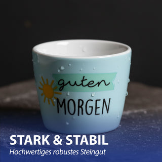 Eierbecher 6er Set 6 Motive Steingut bunt 5x4cm mehrfarbig Becher für Eier Gute Laune Sprüche Eierhalter Frühstück Geschenkidee