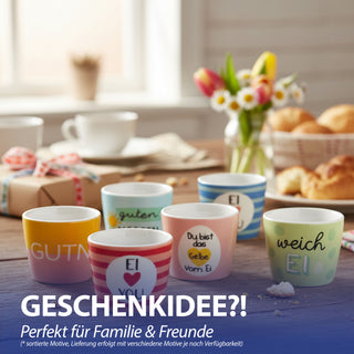 Eierbecher 6er Set 6 Motive Steingut bunt 5x4cm mehrfarbig Becher für Eier Gute Laune Sprüche Eierhalter Frühstück Geschenkidee