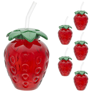 Trinkglas Strawberry 6er Set Glastrinkhalm Füllmenge 450ml 9,5x13cm Glas rot grün Motivglas Getränkebecher Garten Picknick