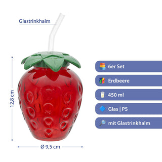 Trinkglas Strawberry 6er Set Glastrinkhalm Füllmenge 450ml 9,5x13cm Glas rot grün Motivglas Getränkebecher Garten Picknick
