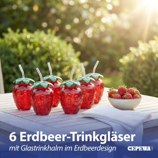 Trinkglas Strawberry 6er Set Glastrinkhalm Füllmenge 450ml 9,5x13cm Glas rot grün Motivglas Getränkebecher Garten Picknick