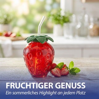 Trinkglas Strawberry 6er Set Glastrinkhalm Füllmenge 450ml 9,5x13cm Glas rot grün Motivglas Getränkebecher Garten Picknick