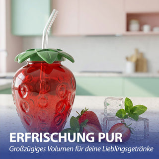 Trinkglas Strawberry 6er Set Glastrinkhalm Füllmenge 450ml 9,5x13cm Glas rot grün Motivglas Getränkebecher Garten Picknick
