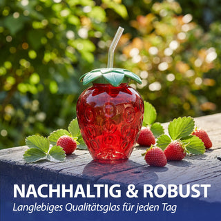 Trinkglas Strawberry 6er Set Glastrinkhalm Füllmenge 450ml 9,5x13cm Glas rot grün Motivglas Getränkebecher Garten Picknick