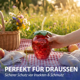 Trinkglas Strawberry 6er Set Glastrinkhalm Füllmenge 450ml 9,5x13cm Glas rot grün Motivglas Getränkebecher Garten Picknick