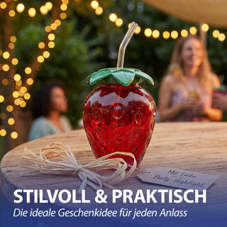 Trinkglas Strawberry 6er Set Glastrinkhalm Füllmenge 450ml 9,5x13cm Glas rot grün Motivglas Getränkebecher Garten Picknick