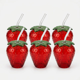 Trinkglas Strawberry 6er Set Glastrinkhalm Füllmenge 450ml 9,5x13cm Glas rot grün Motivglas Getränkebecher Garten Picknick