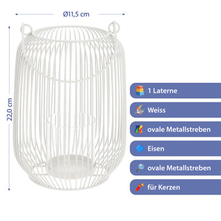 Laterne oval Metallstreben weiß Eisen 11,5x22cm Gartenlaterne mit Henkel Teelichthalter Windlicht für Kerzen oder Teelichter
