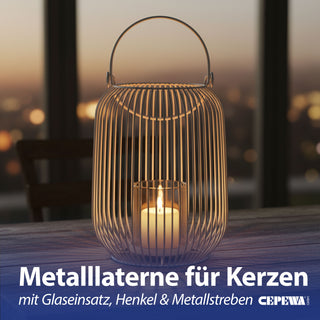 Laterne oval Metallstreben weiß Eisen 11,5x22cm Gartenlaterne mit Henkel Teelichthalter Windlicht für Kerzen oder Teelichter