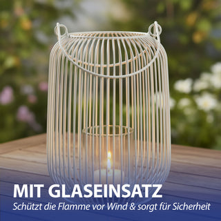 Laterne oval Metallstreben weiß Eisen 11,5x22cm Gartenlaterne mit Henkel Teelichthalter Windlicht für Kerzen oder Teelichter
