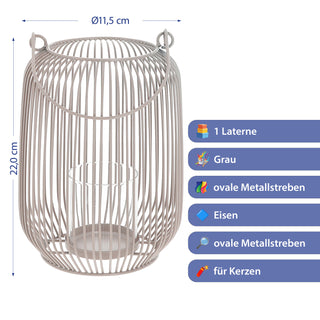 Laterne oval Metallstreben grau Eisen 11,5x22cm Gartenlaterne mit Henkel Teelichthalter Windlicht für Kerzen oder Teelichter