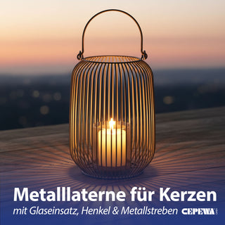 Laterne oval Metallstreben grau Eisen 11,5x22cm Gartenlaterne mit Henkel Teelichthalter Windlicht für Kerzen oder Teelichter