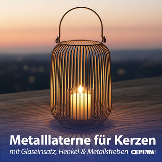 Laterne oval Metallstreben weiß/grau/schwarz Eisen 11,5x22cm Gartenlaterne mit Henkel Teelichthalter Windlicht für Kerzen oder Teelichter