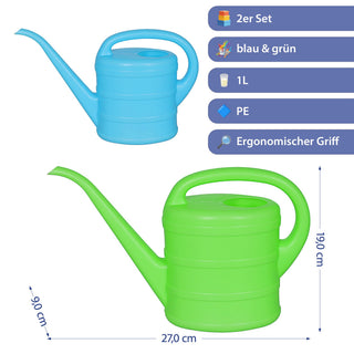Gießkanne 2er Set je 1 Liter Kunststoff blau grün 19x27x9cm Kanne Wasserkanne Gartenzubehör Pflanzenpflege Bewässerung Gießen