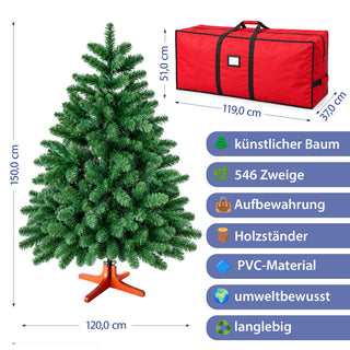Premium Weihnachtsbaum künstlich – Naturgetreu dichte Zweige künstlicher Weihnachtsbaum mit Holzständer - Höhe 150 cm 546 Zweige Aufbewahrungstasche