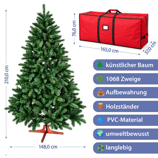 Premium Weihnachtsbaum künstlich – Naturgetreu dichte Zweige künstlicher Weihnachtsbaum mit Holzständer - Höhe 210 cm 1068 Zweige Aufbewahrungstasche